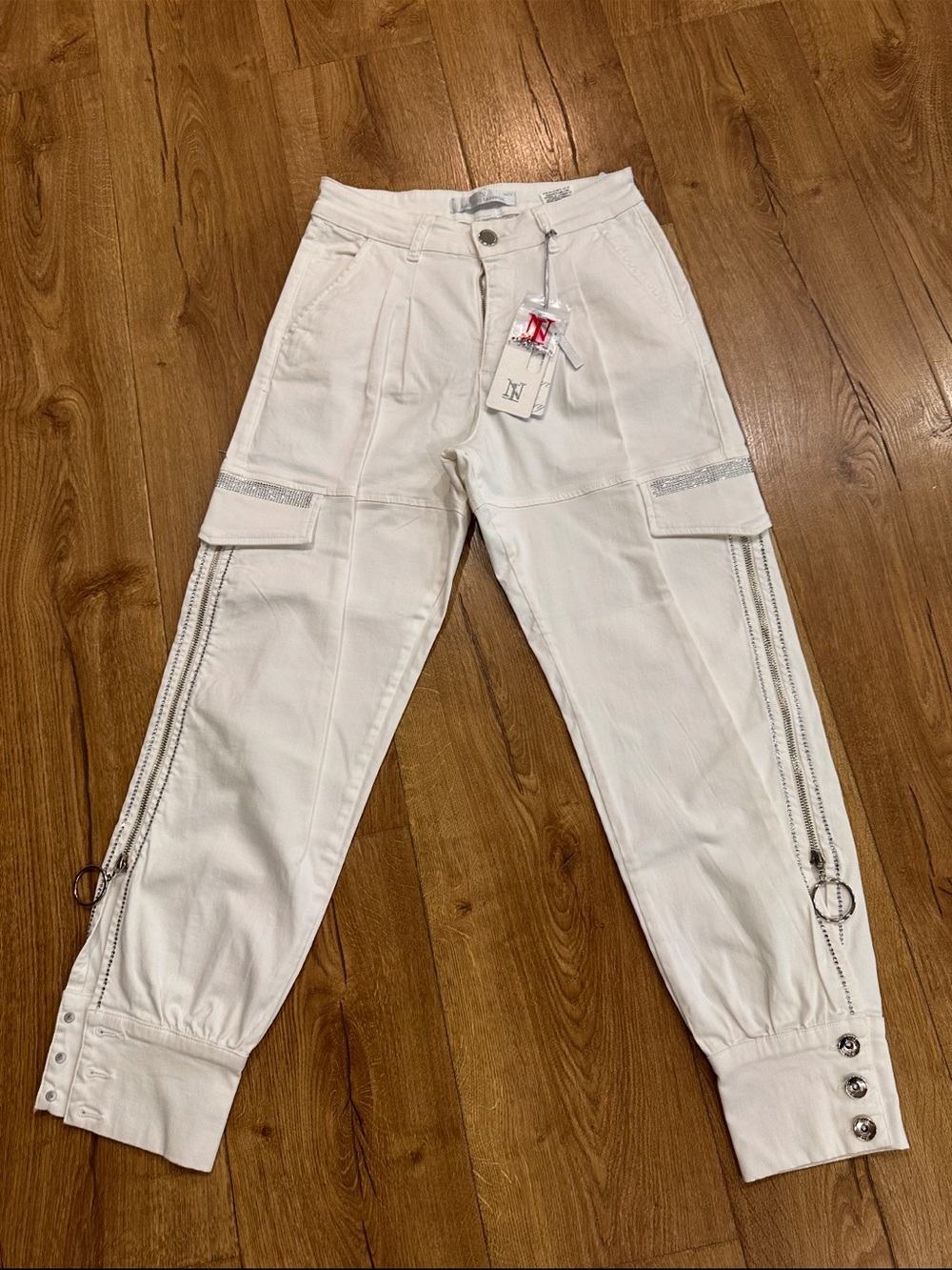 White Cargo Jogger Pants with Silver Trim